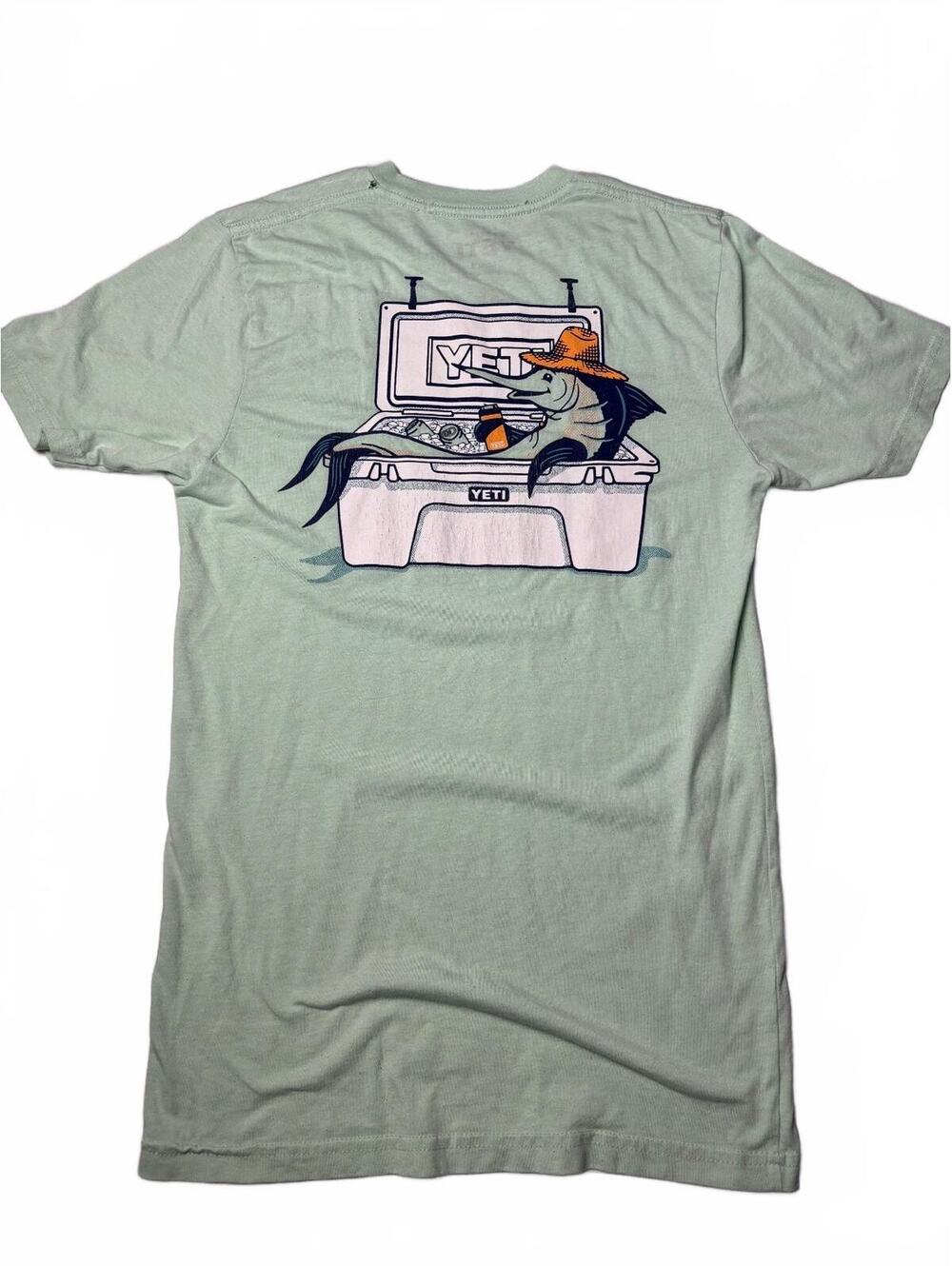 YETI Small Light Green Graphic T-Shirt with Fish Cooler Art